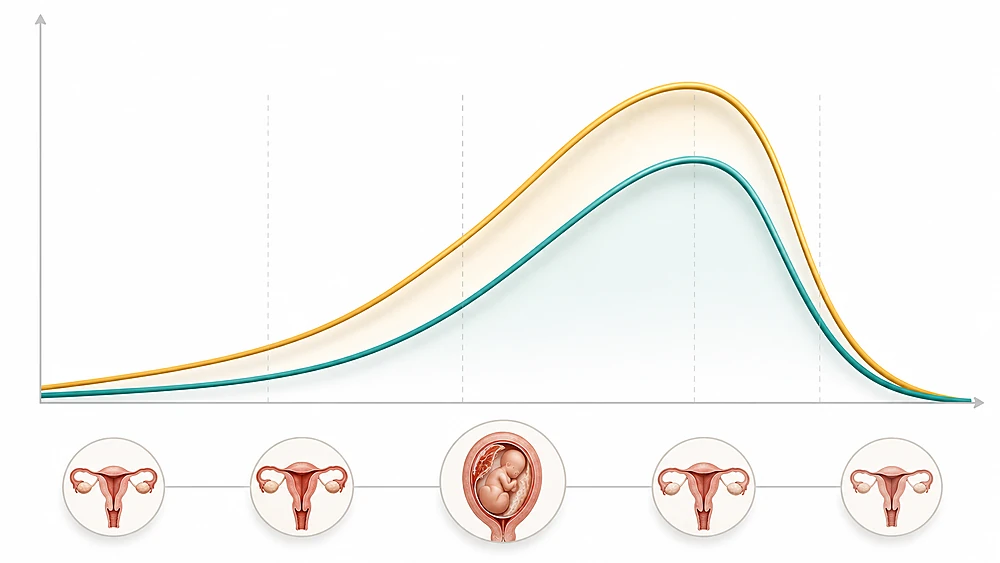  Biểu đồ mô phỏng sự thay đổi nồng độ estrogen và progesterone trong thai kỳ và sau sinh gây mụn nội tiết 