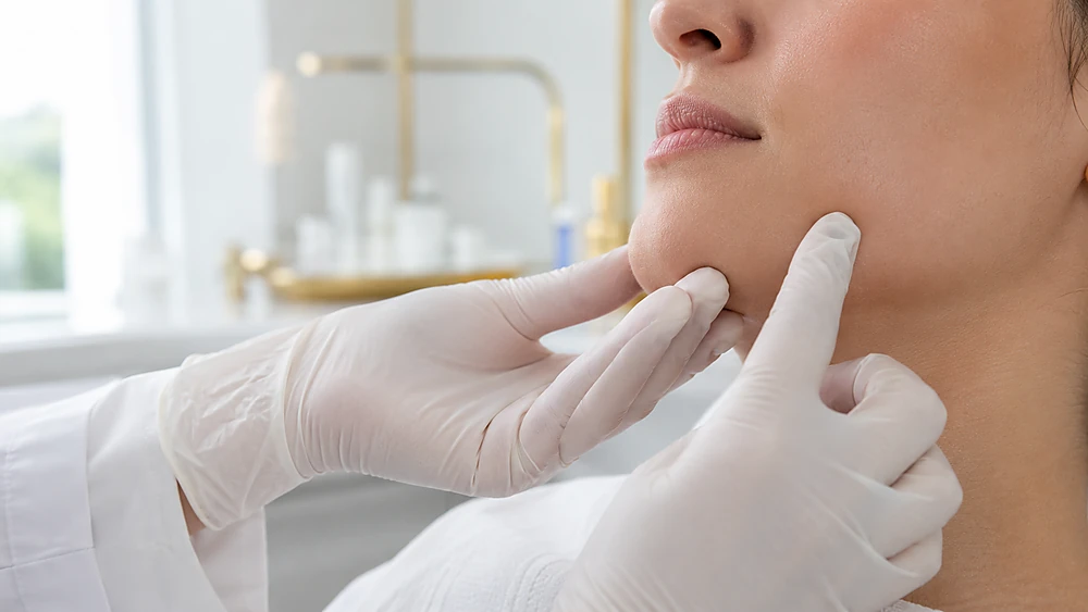 Bác sĩ da liễu thăm khám vùng quai hàm bệnh nhân để đánh giá mụn nội tiết sau sinh tại phòng khám chuyên khoa