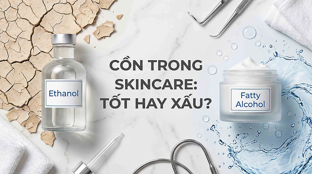Hình ảnh so sánh tác động của Ethanol (cồn khô) gây nứt nẻ và Fatty Alcohol (cồn béo) dưỡng ẩm trong mỹ phẩm chứa cồn cho da dầu mụn trên nền đá cẩm thạch trắng.
