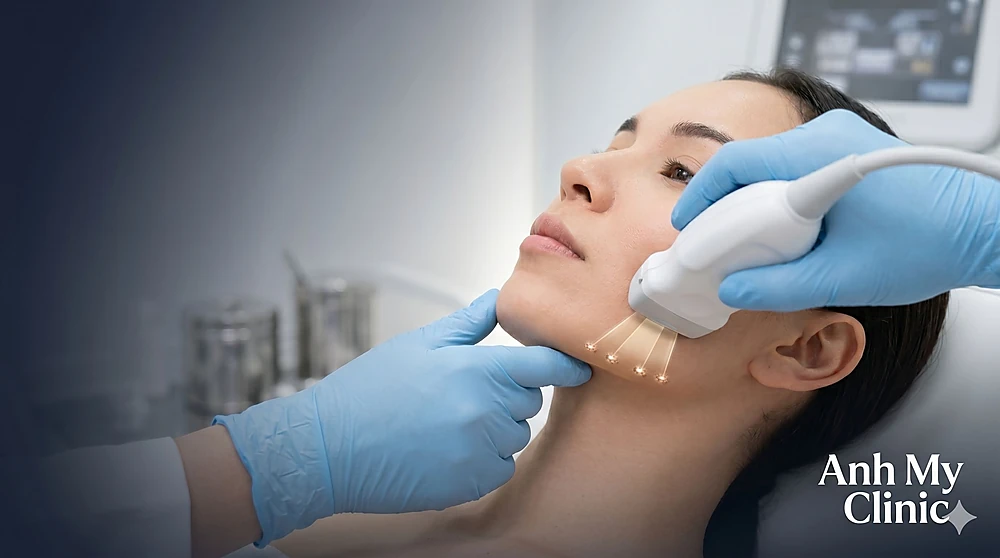 Bác sĩ đang thực hiện quy trình nâng cơ mặt HIFU trẻ hóa da bằng thiết bị chuyên dụng trên một nữ bệnh nhân tại Anh Mỹ Clinic
