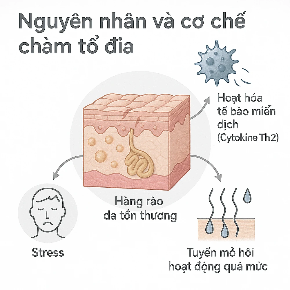 Sơ đồ minh họa cơ chế sinh bệnh học của chàm tổ đỉa: hàng rào da tổn thương, phản ứng miễn dịch và yếu tố môi trường.