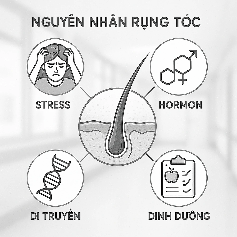 Biểu đồ nguyên nhân rụng tóc phổ biến do di truyền, nội tiết và stress tại Phòng Khám Da Liễu Anh Mỹ