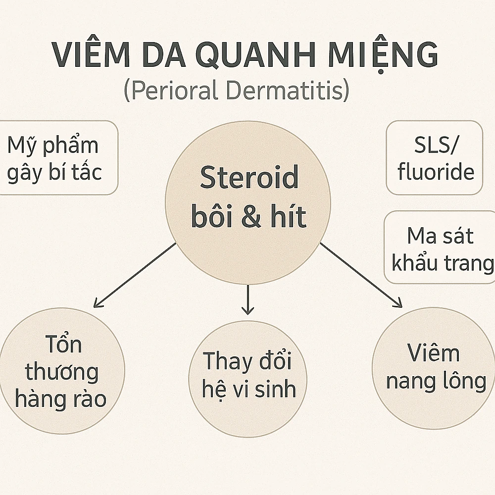  Infographic nguyên nhân viêm da quanh miệng: steroid bôi/hít/xịt dẫn tới tổn thương hàng rào và viêm quanh nang; kèm tác nhân mỹ phẩm bít, SLS/fluoride, ma sát khẩu trang, nắng gió, hormone, Demodex.