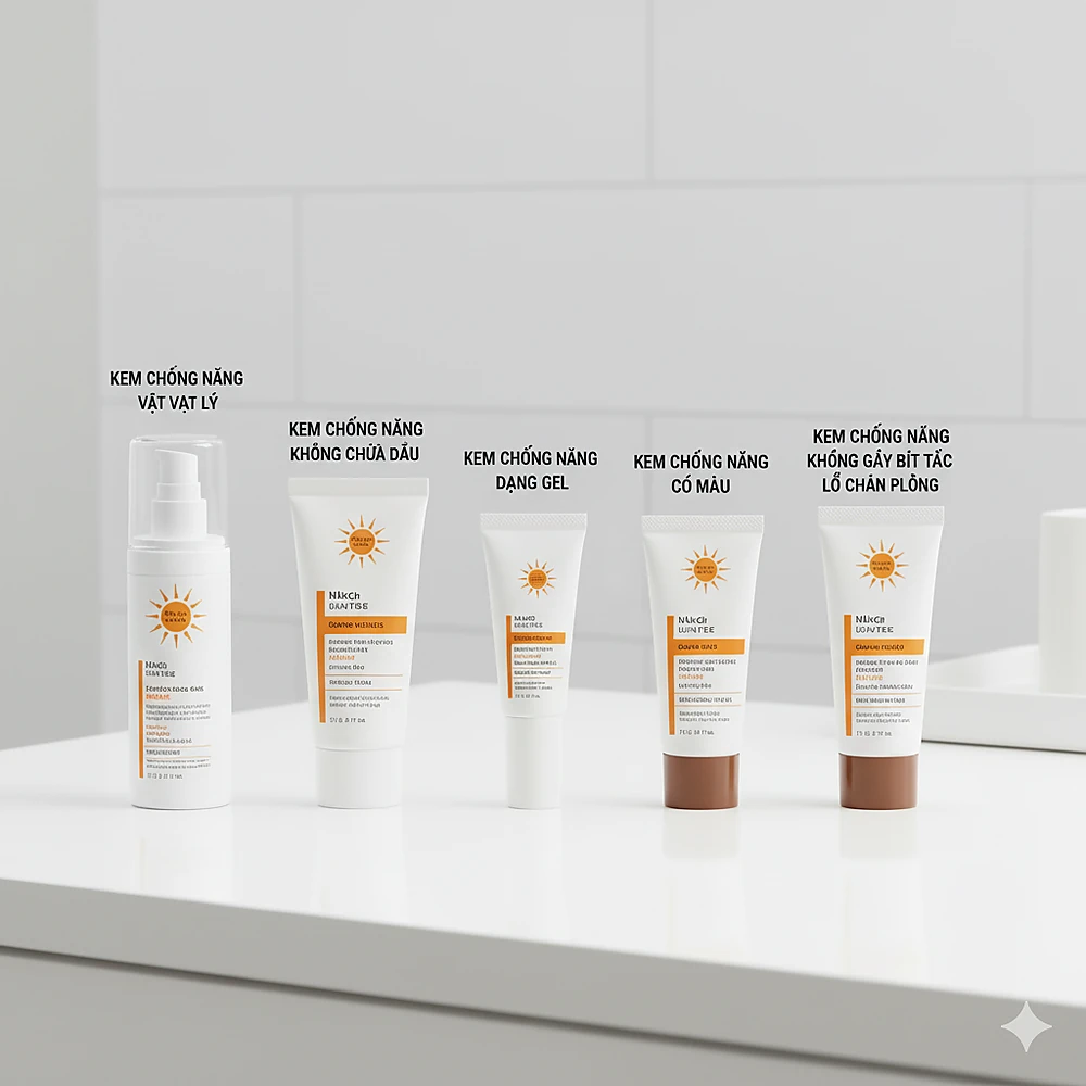 Hình ảnh các loại kem chống nắng non-comedogenic và oil-free phù hợp cho da mụn.