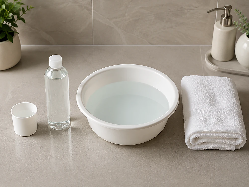 Quy trình pha bleach bath NaOCl đúng chuẩn cho bệnh nhân viêm da cơ địa bội nhiễm — chậu nước, cốc đong và khăn mềm dưỡng ẩm sau tắm