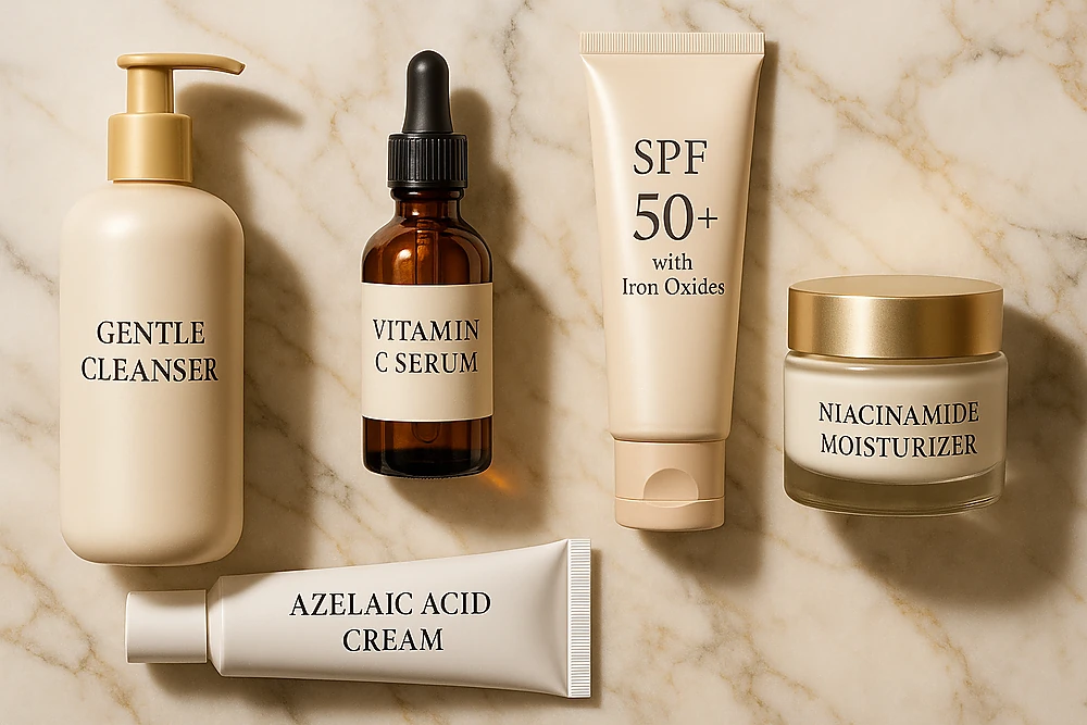 phac-do-cham-soc-da-nam-anh-my-clinic.png Phác đồ chăm sóc da nám khoa học với Vitamin C, Azelaic Acid và kem chống nắng có màu.