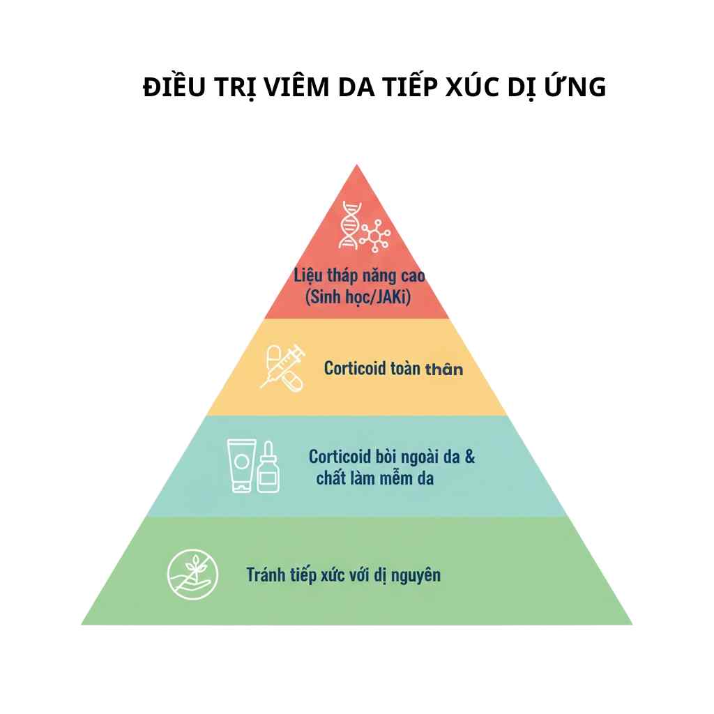 Phác đồ điều trị viêm da tiếp xúc dị ứng được xây dựng theo từng cấp độ, với nền tảng là tránh xa dị nguyên.