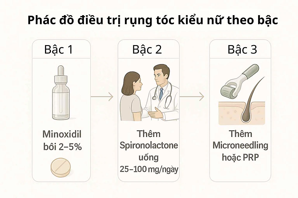 Sơ đồ quy trình 3 bậc điều trị rụng tóc kiểu nữ bằng spironolactone và liệu pháp hỗ trợ.