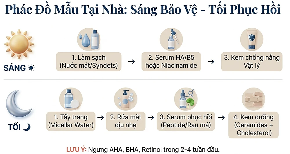 Phác đồ chăm sóc da tại nhà với routine sáng bảo vệ và tối phục hồi, gồm làm sạch dịu nhẹ, serum HA/B5 hoặc niacinamide, kem chống nắng vật lý ban ngày và buổi tối tập trung tẩy trang, serum phục hồi và kem dưỡng ceramides