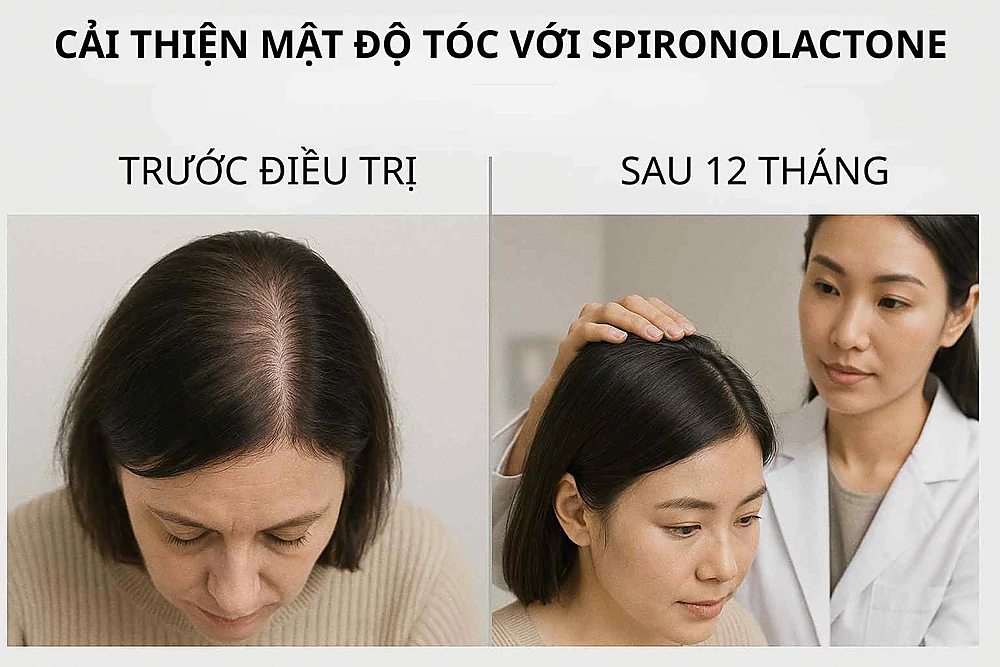 Hình minh họa kết quả cải thiện mật độ tóc khi dùng spironolactone trong FPHL.