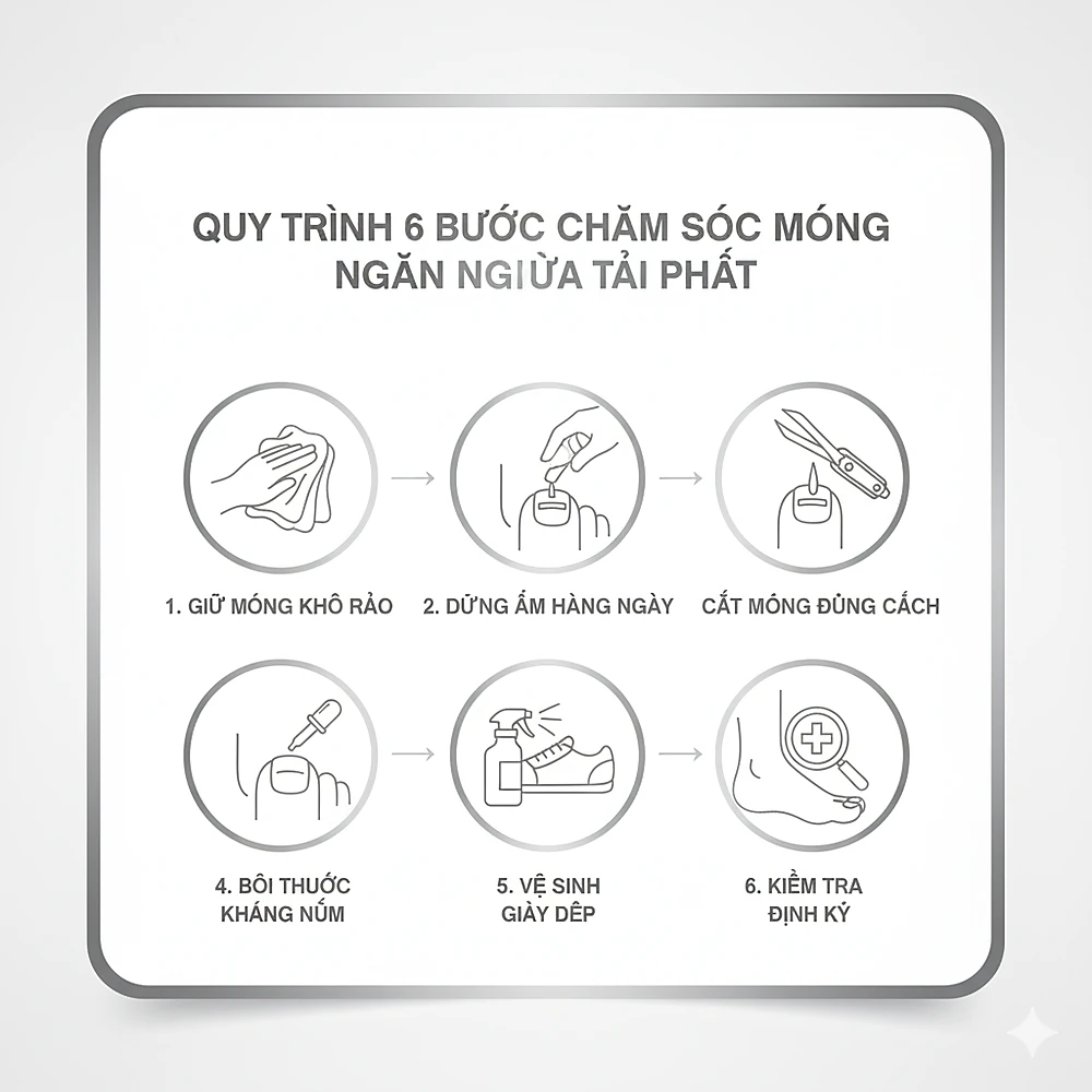 Infographic hướng dẫn 6 bước phòng ngừa bệnh móng tái phát – Phòng Khám Da Liễu Anh Mỹ.