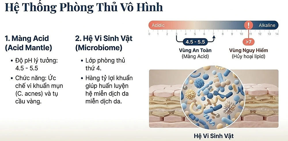 Sơ đồ hệ thống phòng thủ vô hình của da gồm màng acid pH 4.5–5.5 và hệ vi sinh vật giúp bảo vệ hàng rào da, ức chế vi khuẩn gây mụn và duy trì cân bằng sinh học