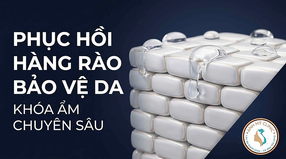 Hình ảnh mô phỏng hàng rào bảo vệ da dưới dạng bức tường gạch trắng viền vàng kim, có giọt nước biểu thị khóa ẩm, với văn bản tiếng Việt 