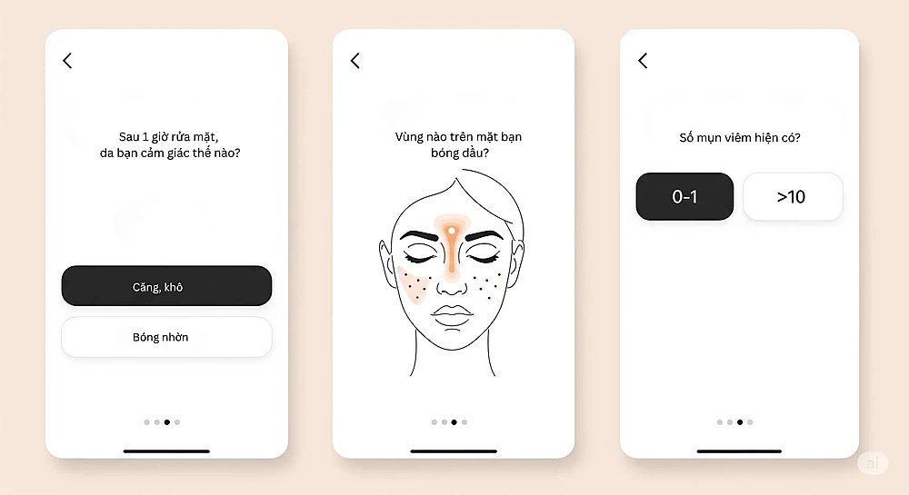 Bài trắc nghiệm trong app giúp phân loại da dầu, da khô, da hỗn hợp.