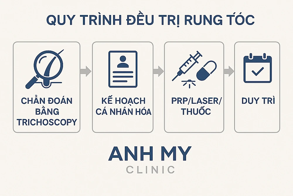 Sơ đồ 4 bước điều trị rụng tóc cá nhân hóa tại Anh Mỹ Clinic.