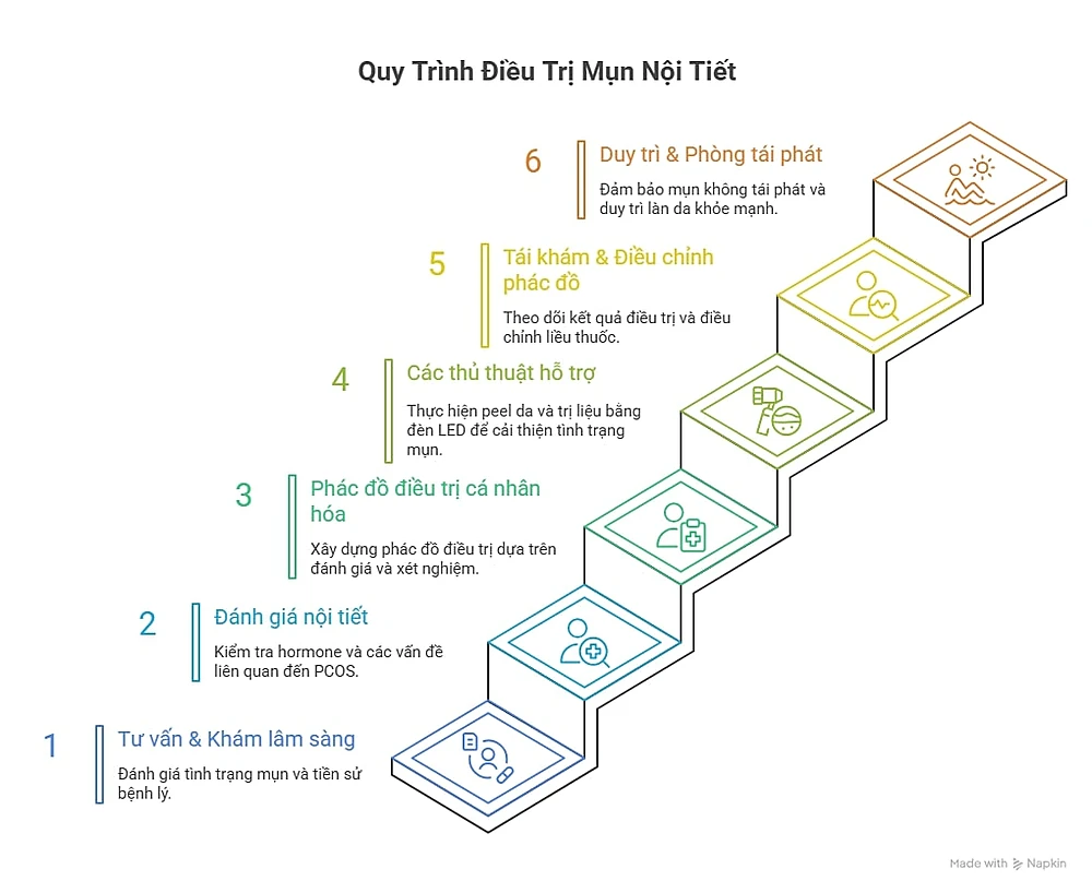 Infographic mô tả quy trình 6 bước điều trị mụn nội tiết tuổi dậy thì tại Phòng Khám Da Liễu Anh Mỹ.