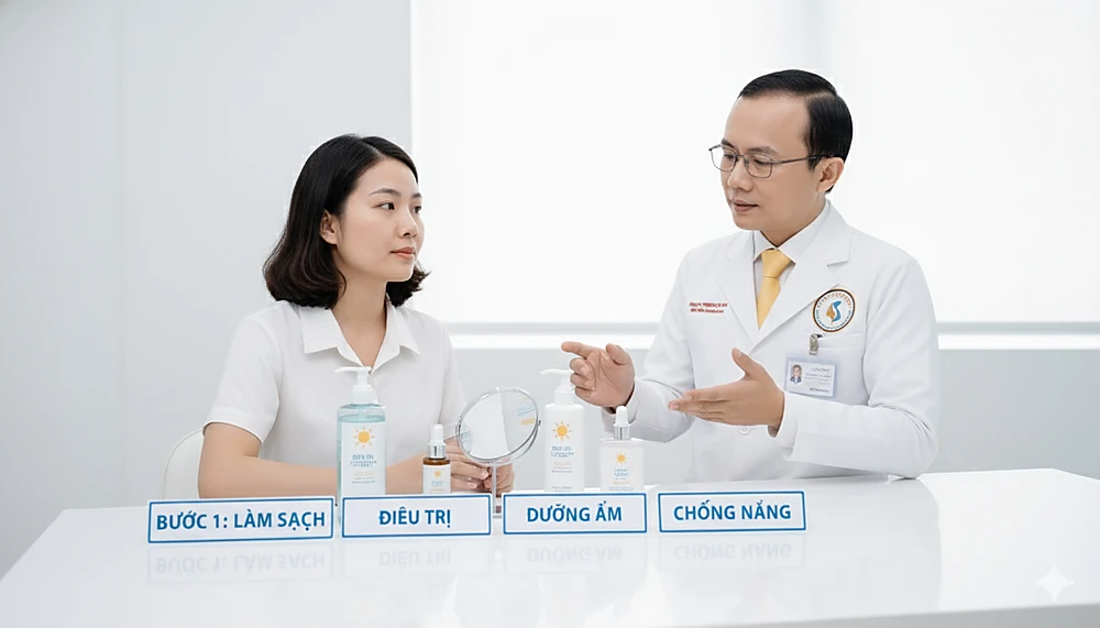 Bác sĩ da liễu hướng dẫn bệnh nhân da mụn thực hiện quy trình chăm sóc sáng gồm làm sạch, điều trị, dưỡng ẩm và chống nắng