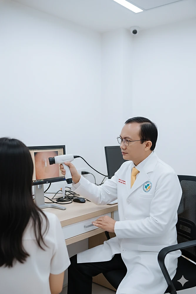 Bác sĩ Trương Lê Đạo kiểm tra da đầu và lập liệu trình điều trị rụng tóc cá nhân hóa tại Phòng Khám Da Liễu Anh Mỹ