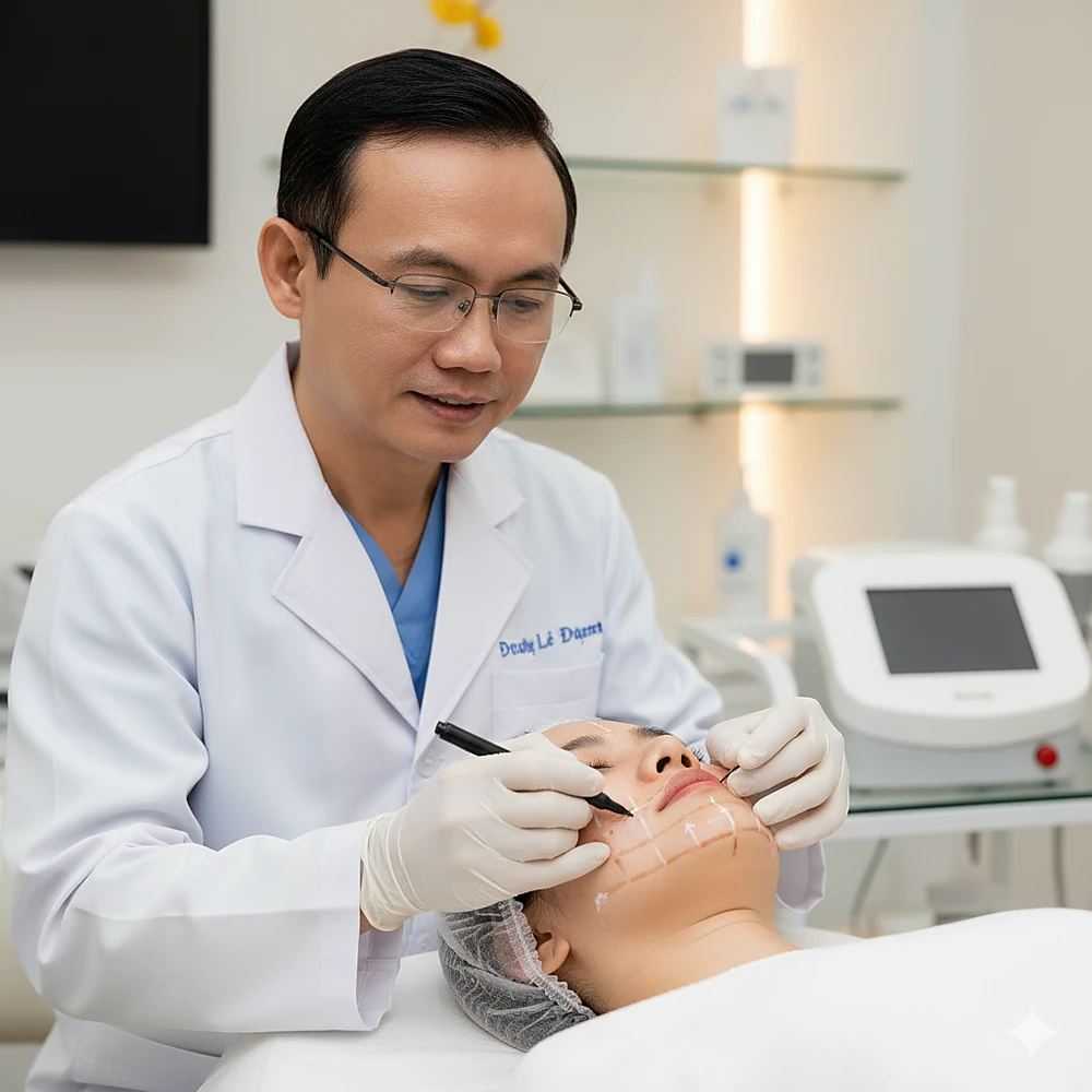Bác sĩ Trương Lê Đạo trực tiếp thăm khám và định vị vùng điều trị để đảm bảo liệu trình HIFU tại Phòng Khám Da Liễu Anh Mỹ diễn ra an toàn, chính xác. 