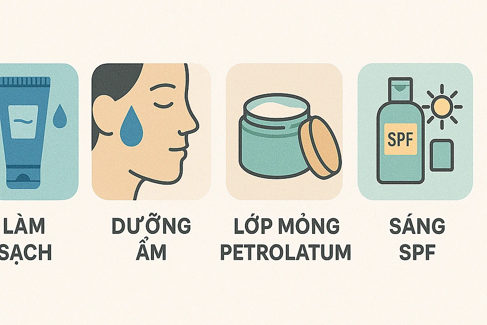 Quy trình 4 bước: làm sạch – cấp ẩm – khóa ẩm – SPF sáng