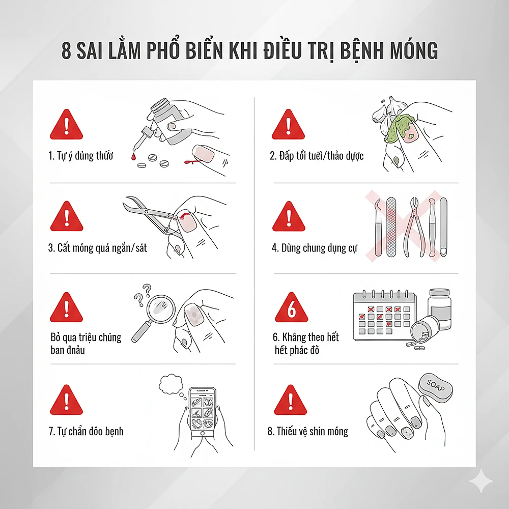 Hình minh họa các sai lầm phổ biến khi tự điều trị bệnh móng – Phòng Khám Da Liễu Anh Mỹ.
