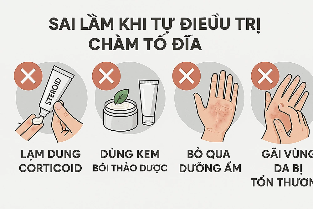 Sơ đồ minh họa các sai lầm phổ biến khi tự điều trị chàm tổ đỉa như lạm dụng thuốc và không dưỡng ẩm.