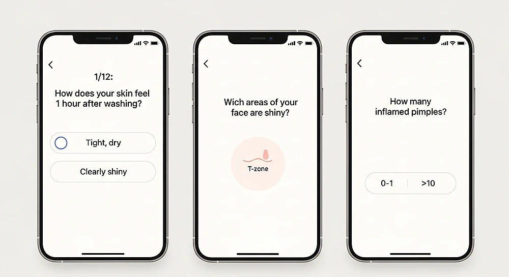 The in-app quiz helps classify oily, dry, and combination skin types.