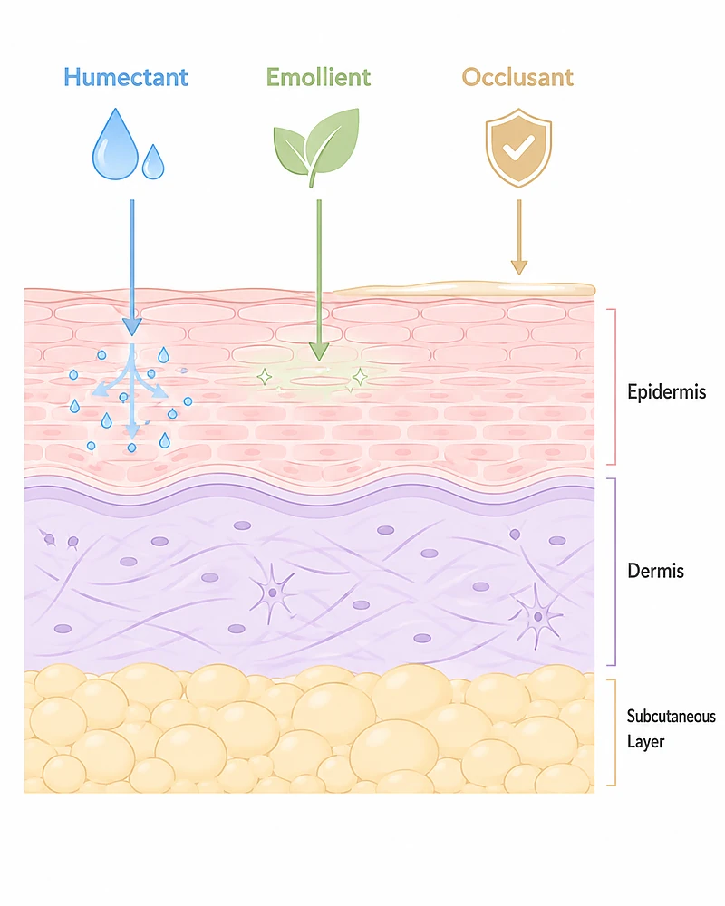 cơ chế skin flooding 3 lớp humectant emollient occlusant tác động lên da