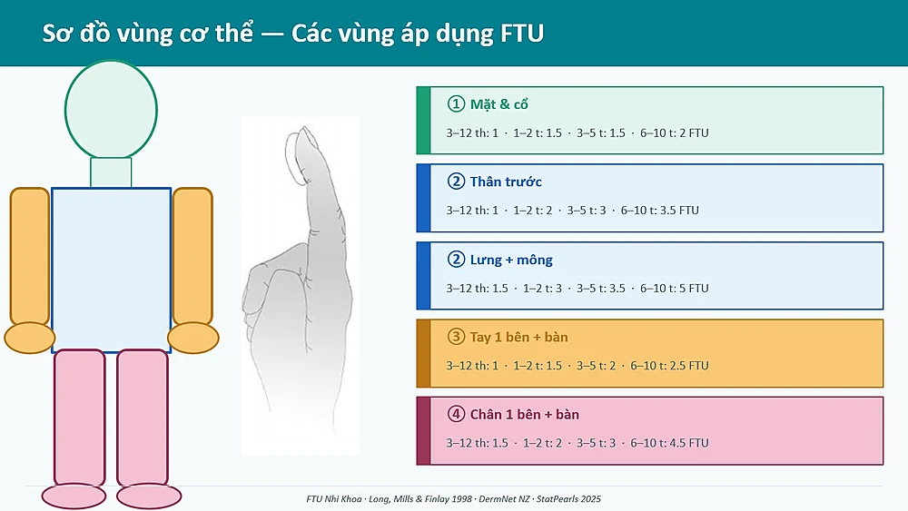 Sơ đồ FTU nhi khoa – 5 vùng cơ thể áp dụng liều bôi corticosteroid cho trẻ em theo nhóm tuổi từ 3 tháng đến 10 tuổi