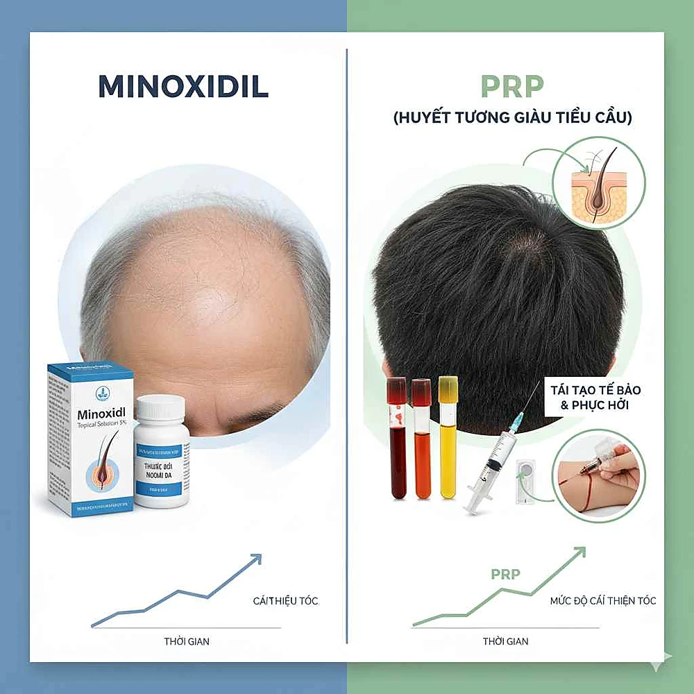 Hình so sánh song song hiệu quả điều trị rụng tóc bằng Minoxidil và PRP tại Anh Mỹ Clinic
