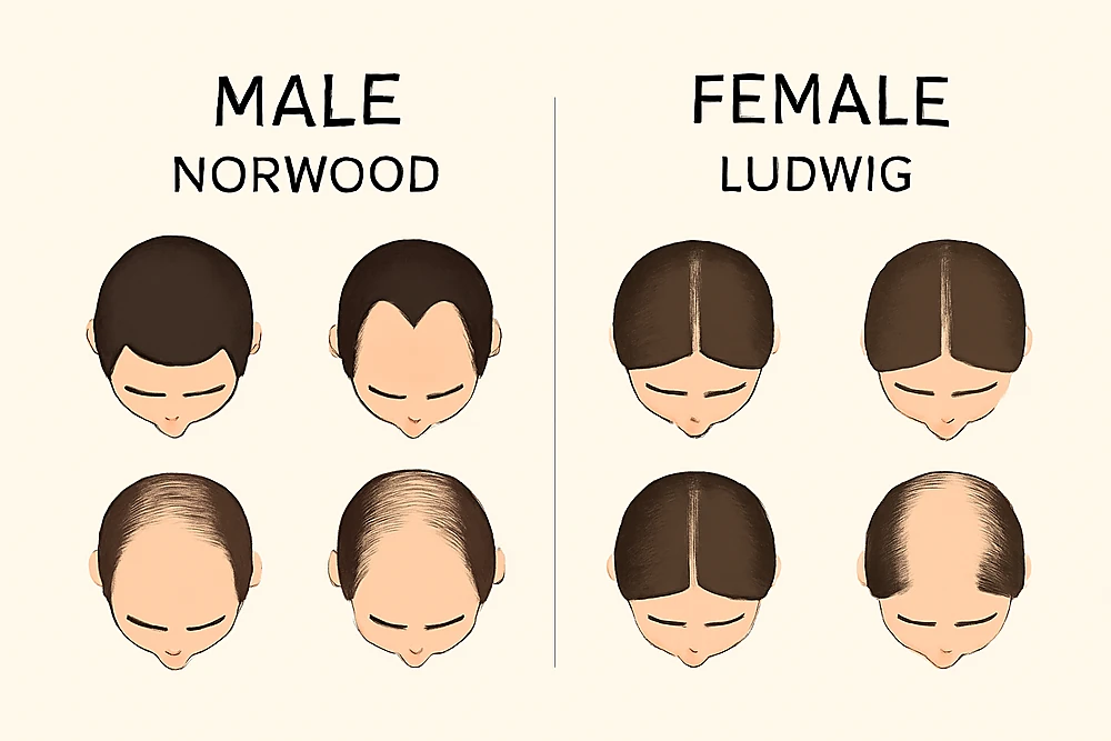 Biểu đồ so sánh kiểu rụng tóc nam và nữ theo thang Norwood–Ludwig.