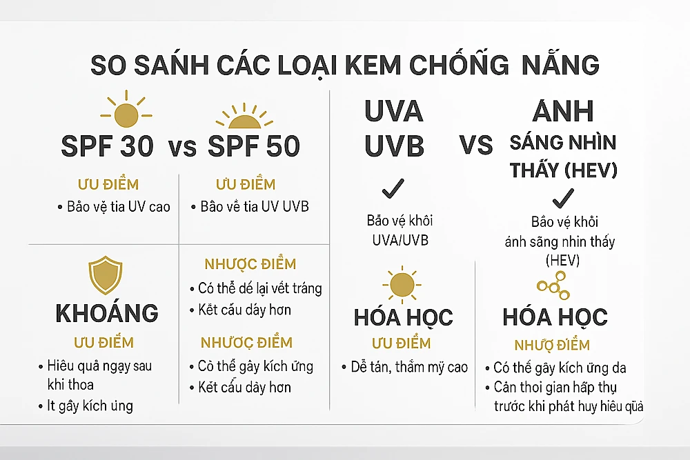 Infographic so sánh SPF 30 và 50+, phổ rộng UVA/UVB với phổ mở rộng VL/HEV, và kem chống nắng khoáng chất so với hóa học.