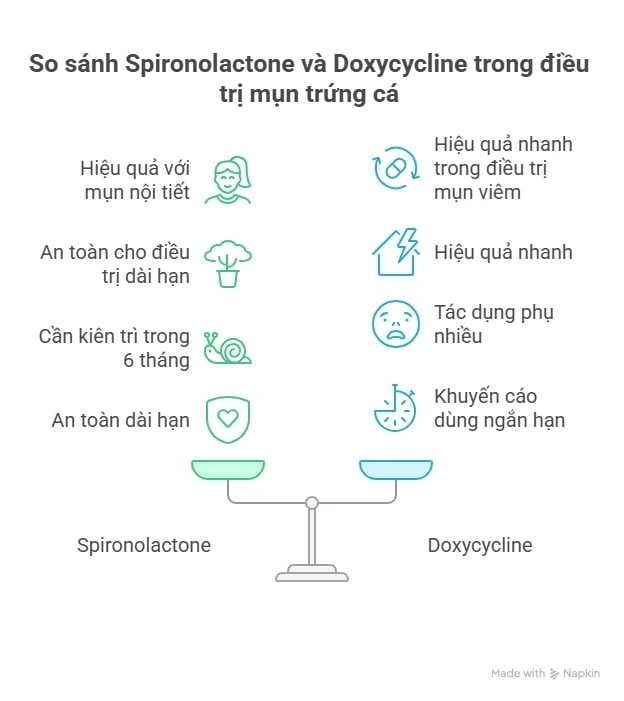 Infographic so sánh spironolactone và kháng sinh trong điều trị mụn: hiệu quả dài hạn và ưu điểm kháng androgen.