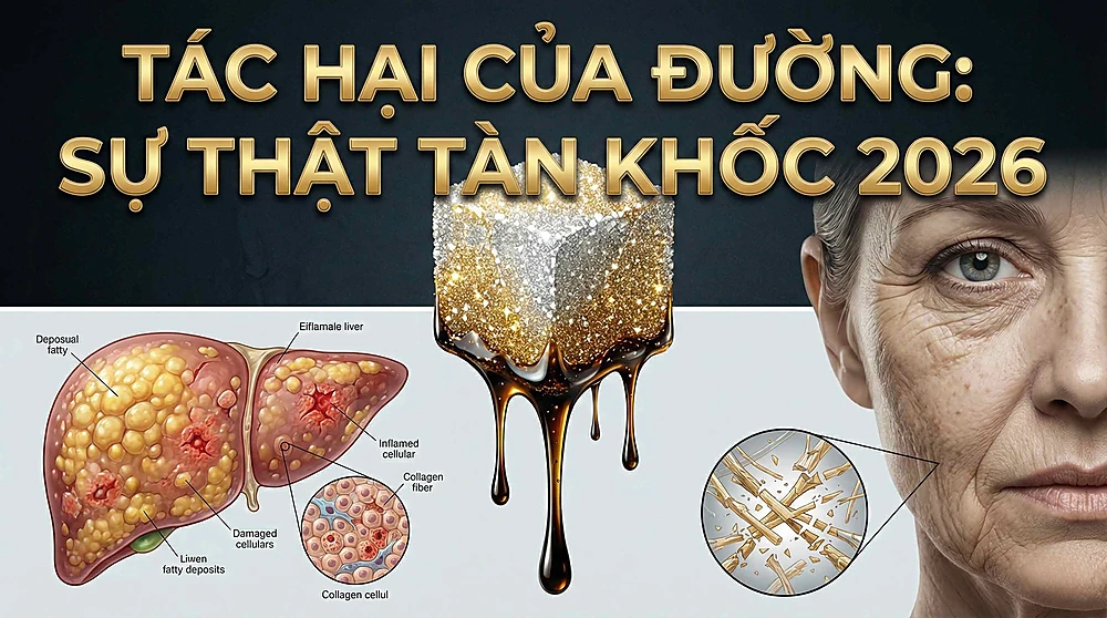 Minh họa y khoa mô tả tác hại của đường: viên đường tan chảy gây gan nhiễm mỡ viêm và lão hóa da, làm đứt gãy collagen, kèm dòng chữ Tác hại của đường sự thật tàn khốc 2026.