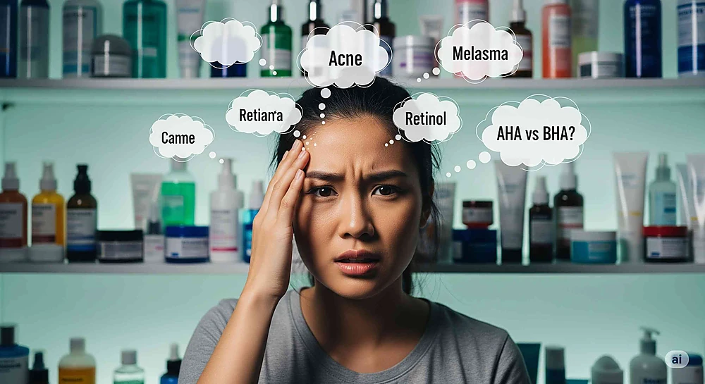 Một người dùng bối rối trước quá nhiều thông tin về chăm sóc da mụn và nám.