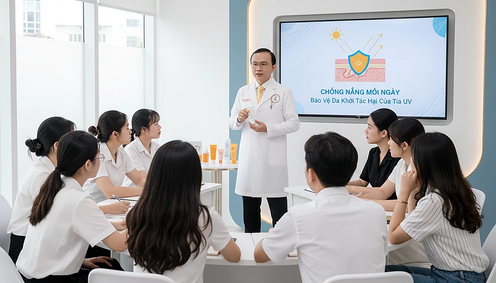 Bác sĩ da liễu giảng giải cho bệnh nhân da mụn cách hình thành thói quen chống nắng đúng qua video và hướng dẫn trực tiếp.