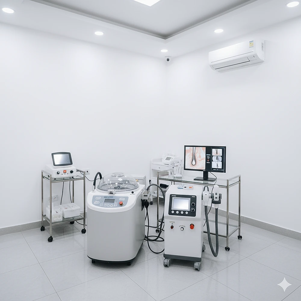 Trang thiết bị y khoa hiện đại gồm PRP ly tâm hai lớp, RF, HIFU tại Phòng Khám Da Liễu Anh Mỹ