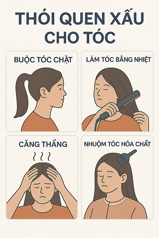 Infographic minh họa thói quen gây rụng tóc và hư tổn tóc.
