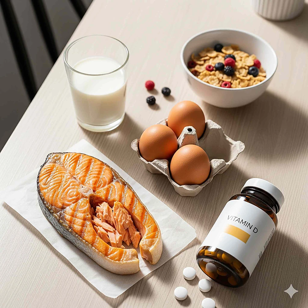 Khi không thể phơi nắng, bạn có thể bổ sung vitamin D hiệu quả qua các thực phẩm như cá béo, trứng và viên uống bổ sung.