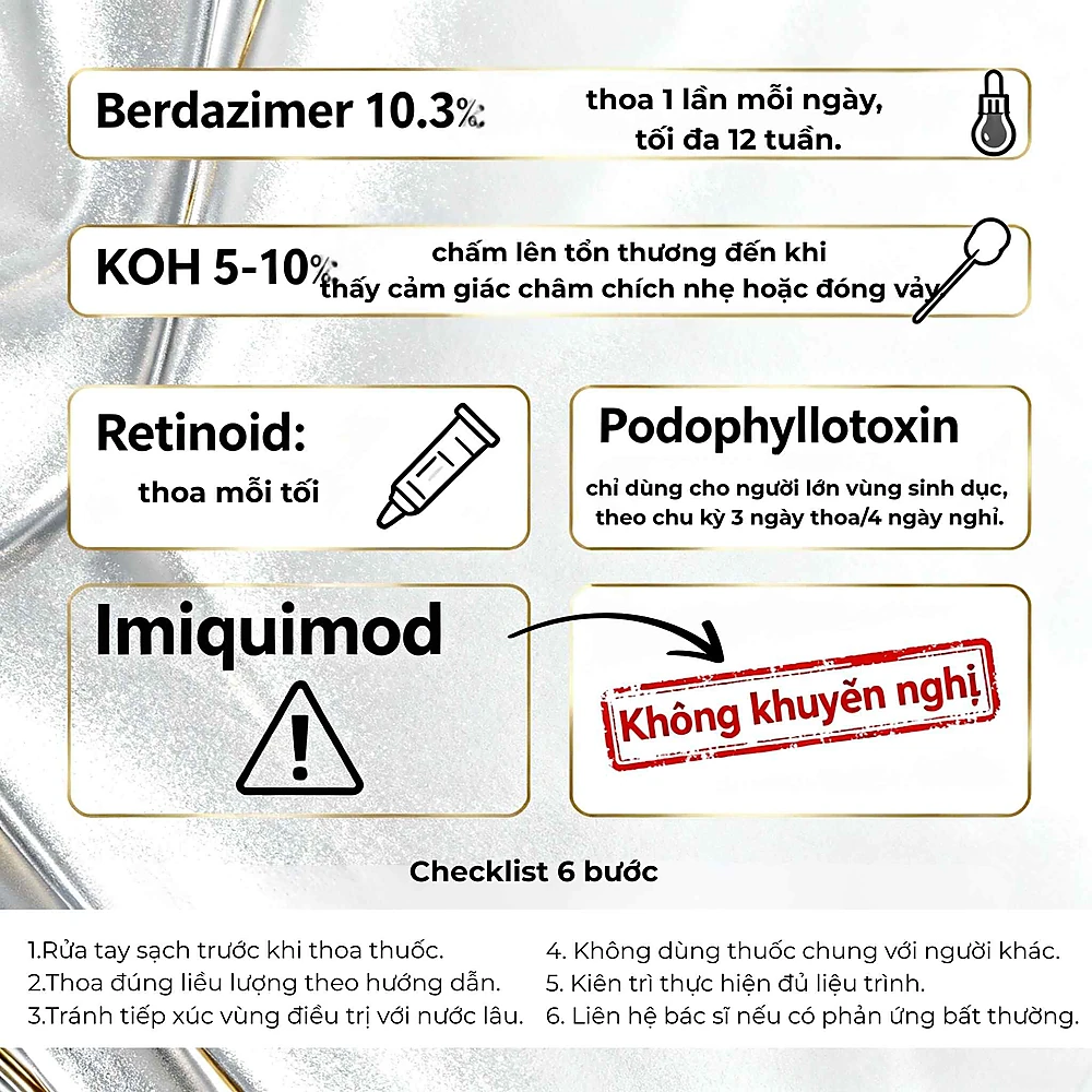Infographic thuốc bôi tại nhà điều trị u mềm lây với hướng dẫn liều, vị trí dùng và cảnh báo cho từng nhóm thuốc; kèm checklist 6 bước chăm sóc.
