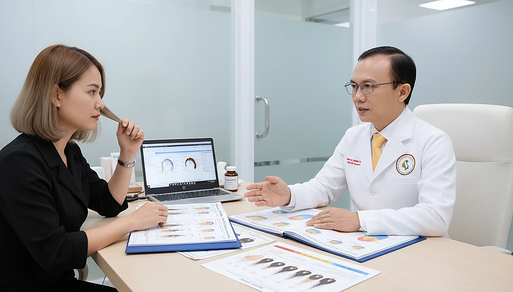 Cảnh bác sĩ tư vấn bệnh nhân nữ về cách điều trị rụng tóc bằng spironolactone.