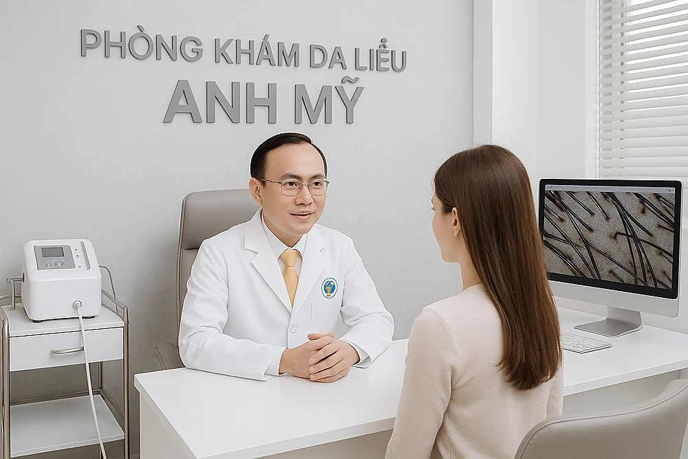 Phòng khám Da Liễu Anh Mỹ với trang thiết bị hiện đại, bác sĩ Trương Lê Đạo trực tiếp điều trị rụng tóc tại TP.HCM