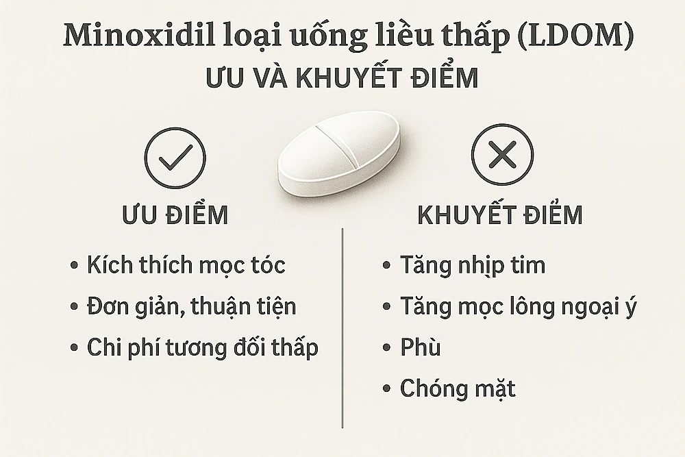 Bảng so sánh ưu điểm và hạn chế của Minoxidil đường uống liều thấp trong điều trị rụng tóc