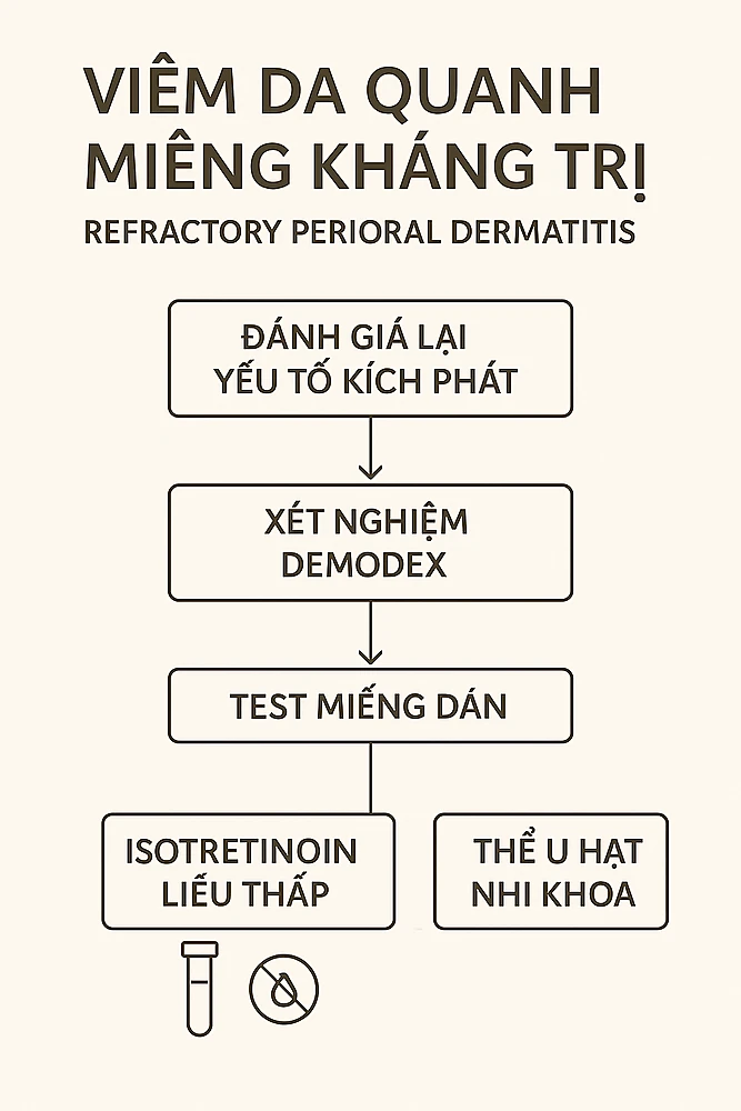 Lưu đồ xử trí POD kháng trị: rà soát trigger, test Demodex, patch test; lựa chọn isotretinoin liều thấp, phác đồ bôi phối hợp; nhánh riêng cho biến thể u hạt ở trẻ em.