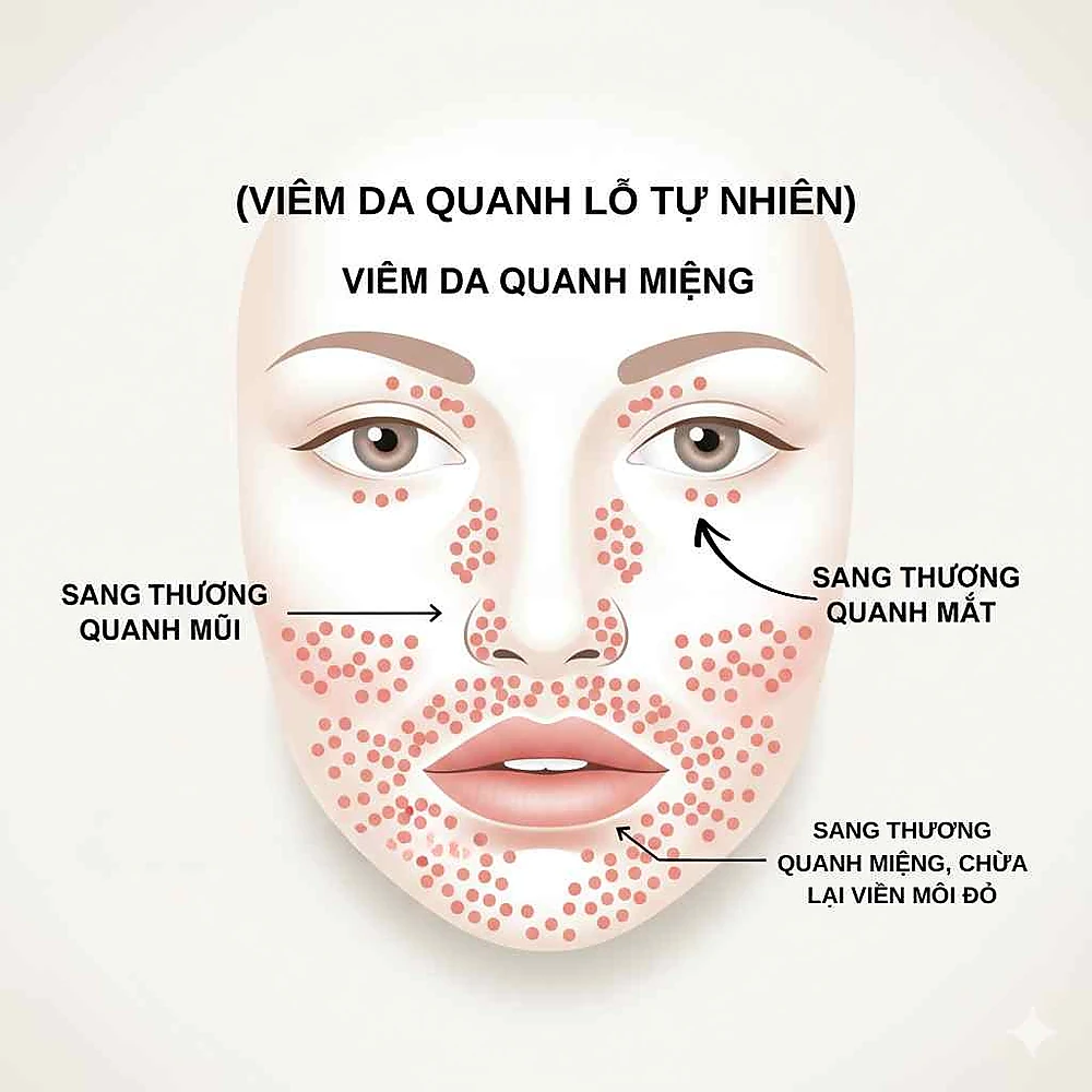  Sơ đồ POD: sẩn nhỏ đơn dạng quanh miệng, có thể lan quanh mũi/mắt, chừa viền môi, không có comedone.