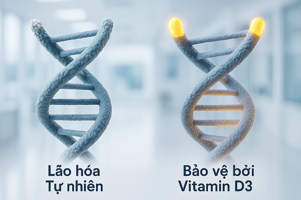 Hình minh hoạ cơ chế vitamin D3 bảo vệ chiều dài telomere, giúp làm chậm lão hóa sinh học.