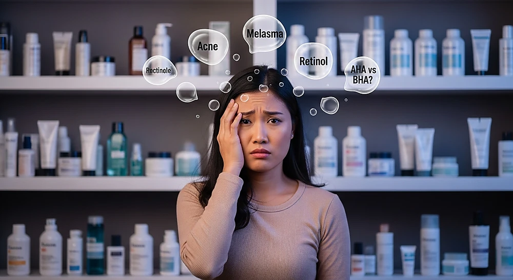 A confused user overwhelmed by information about acne and melasma skincare