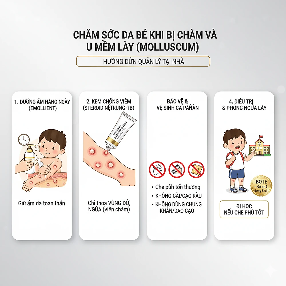 Sơ đồ xử trí u mềm lây ở người suy giảm miễn dịch/HIV: tối ưu miễn dịch hoặc ART, can thiệp tại cơ sở (curettage/đốt điện/laser/Ycanth™), và nhánh dự phòng cho ca tái phát bằng cidofovir tại chỗ; kèm biểu tượng sàng lọc HIV/STI.