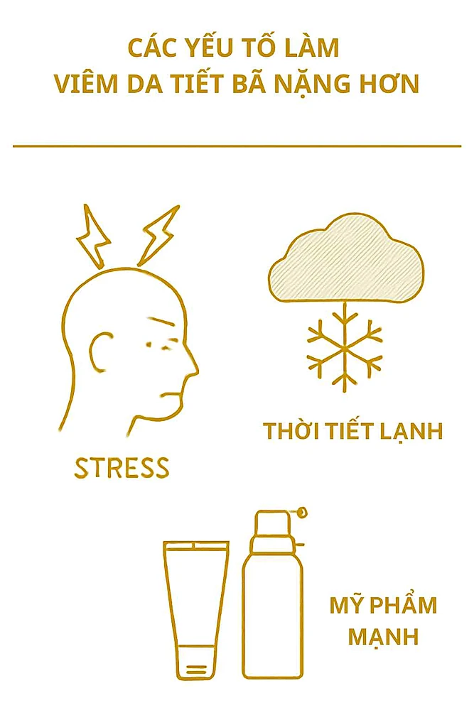 Infographic các yếu tố làm viêm da tiết bã nặng hơn như stress, thời tiết lạnh và mỹ phẩm mạnh.