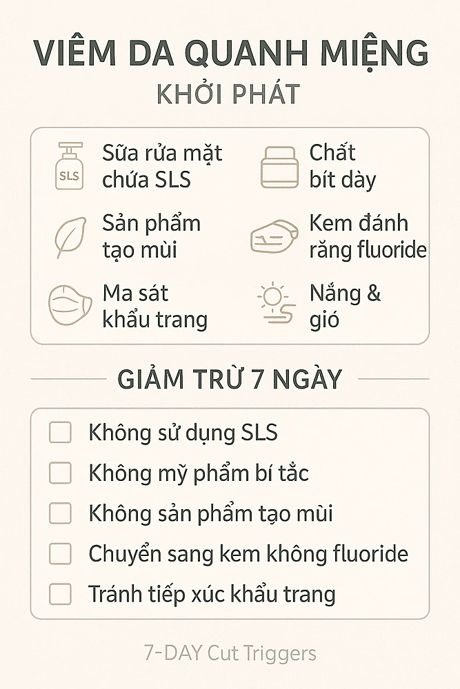 Infographic các tác nhân làm nặng viêm da quanh miệng (SLS, mỹ phẩm bít, hương liệu, fluoride, ma sát khẩu trang, nắng gió) kèm checklist 5 bước cắt kích thích trong 7 ngày.
